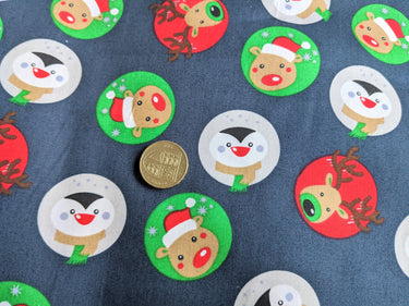 Blue Reindeers Penguins Cotton Poplin Fabric Christmas Fabric, Festive Fabric, Holiday Fabric